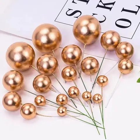 Shiny Gold Sphere Cake Topper Plastic Ball Cupcake Decoration Insertion Picks For Birthday Wedding Festive Dessert Table Decor