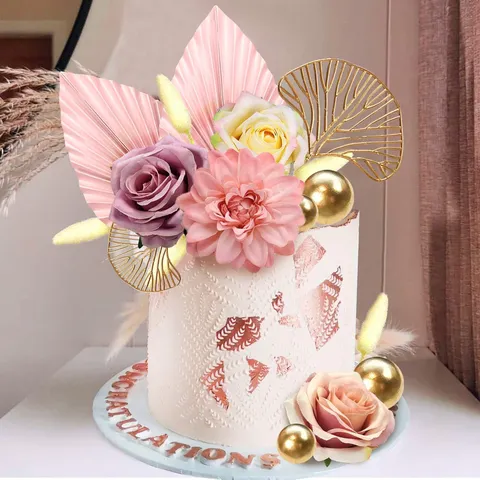 Bohemian Floral Palm Leaf Cake Topper Set Χρυσό Ροζ Χρυσάνθεμο Ins Style Cake Insert Για Γάμο Πάρτι Γενεθλίων Προμήθειες