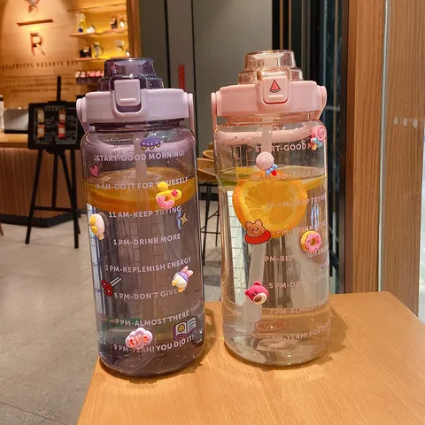 Große Kapazität Sport Wasserflasche Mit Zeitmarkierung Strohhalm Tragbar Kunststoff Fitness Trinkflasche Für Fitnessstudio Outdoor
