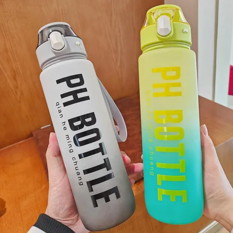 Bottiglia d'Acqua Sportiva in Plastica Sfumata Opaca Con Cannuccia e Indicatore del Tempo a Prova di Perdite Manico Portatile Palestra All'aperto Ciclismo Riutilizzabile
