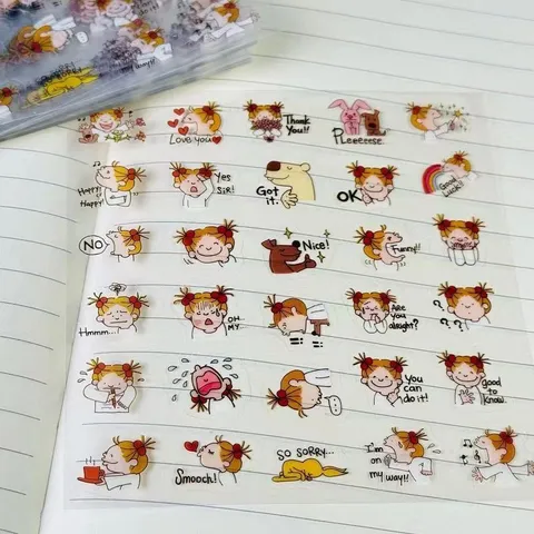 Cute Cartoon Girl Waterproof Transparent Stickers DIY Scrapbooking Decorative PET Stickers For Students Stationery