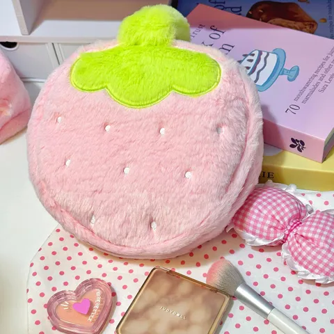 Cute Strawberry Shaped Plush Cosmetic Bag Large Capacity Pink Portable Travel Makeup Organizer Pouch Handheld Storage Bag For Women