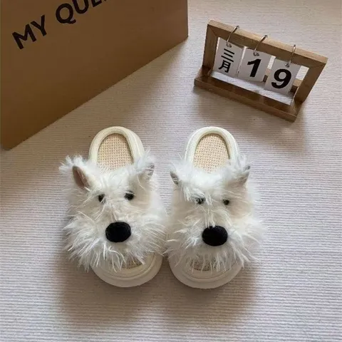 Cute Puppy Couple Linen Slippers Breathable Non Slip House Shoes For Indoor Home Casual Daily Comfortable Footwear