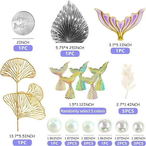 Mermaid Theme Party Cake Decoration Set With Mermaid Tail Transparent Pearl Ball Ginkgo Leaf Happy Birthday Cake Topper