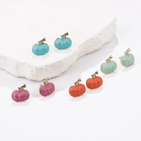 3D Pumpkin Stud Earrings Zinc Alloy Enamel Halloween Thanksgiving Autumn Festival Ear Jewelry For Women Multi Colors