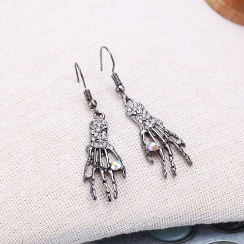 Pendientes Colgantes de Mano de Esqueleto con Strass Halloween Negro de Fusil Aleación de Zinc Punk Gótico para Mujer Joyería