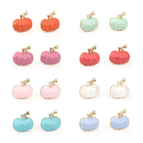 3D Pumpkin Stud Earrings Zinc Alloy Enamel Halloween Thanksgiving Autumn Festival Ear Jewelry For Women Multi Colors