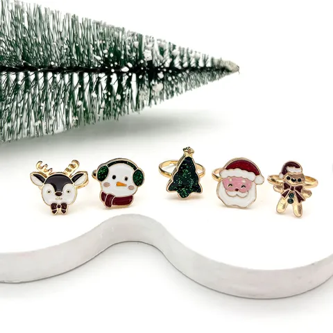 Verstellbare Cartoon Weihnachtsringe Für Kinder Zinklegierung Emaille Weihnachtsmann Schneemann Rentier Baum Lebkuchenmann Mädchen Schmuck