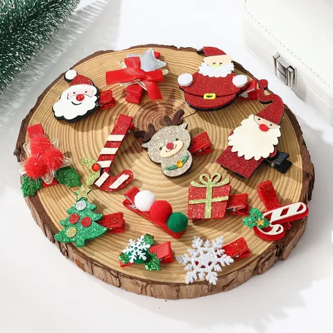 Kerst Haarclips Voor Kinderen Kerstman Rendier Kerstboom Sneeuwvlok Stof Glitter Eendebekclips Feest Haaraccessoires