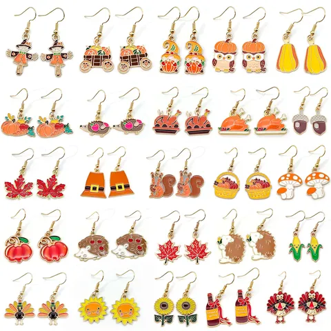 Thanksgiving Zinklegering Emaille Oorbellen Herfst Oogst Pompoen Kalkoen Vogelverschrikker Esdoornblad Oorbellen Mode Vrouwen Sieraden
