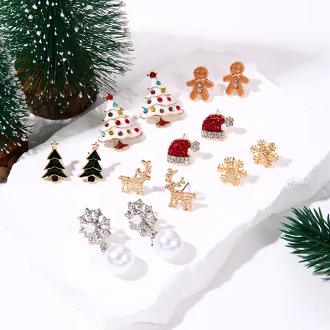 Kerst Oorknopjes Zinklegering Strass Emaille Kerstboom Eland Sneeuwvlok Peperkoekman Oorbellen Voor Dames Feestdagen Sieraden