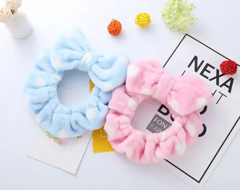 Cute Flannel Bow Hair Band Soft Polka Dot Striped Makeup Headband Elastic Face Washing Hair Hoops For Women