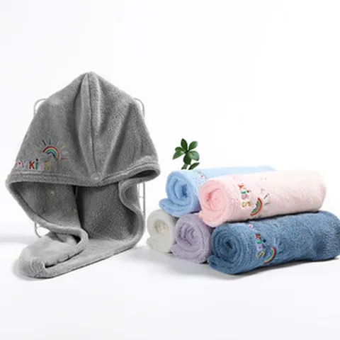 Coral Velvet Dry Hair Cap Quick Drying Absorbent Bath Cap Rainbow Embroidered Hair Towel Wrap for Women Adults