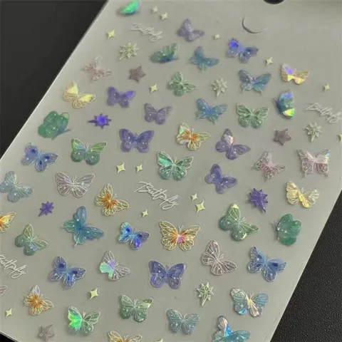 Holographic Butterfly Nail Art Stickers Laser Aurora Iridescent Butterfly Wing Nail Decals For Women DIY Manicure Decoration Ins Style Butterfly Stickers