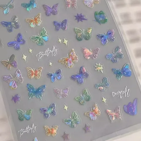Holographic Butterfly Nail Art Stickers Laser Aurora Iridescent Butterfly Wing Nail Decals For Women DIY Manicure Decoration Ins Style Butterfly Stickers