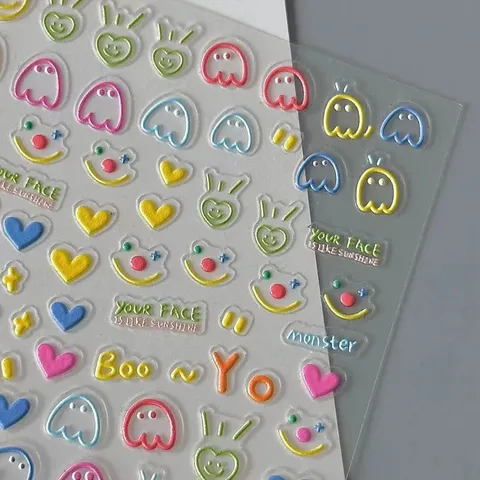 Cute Cartoon Smiley Face 3D Adhesive Nail Art Stickers DIY Ins Style Colorful Ghost Heart Decals For Women Girls