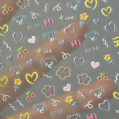 Korean Cute Cartoon Bear Heart Floral Embossed Adhesive Nail Art Stickers Student DIY Manicure Decals
