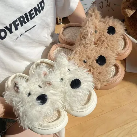 Cute Puppy Plush Linen Slippers Women Fall Winter Warm Indoor House Shoes Fluffy Cartoon Dog Couple Cotton Slippers