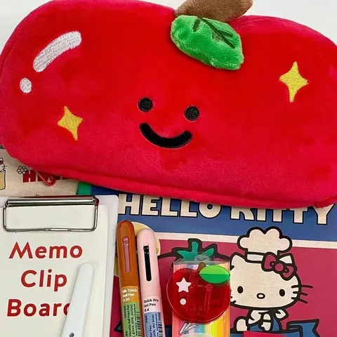 Cute Apple Plush Pencil Case Large Capacity Student Embroidered Pen Pouch