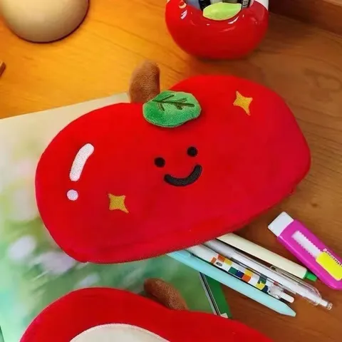 Cute Apple Plush Pencil Case Large Capacity Student Embroidered Pen Pouch
