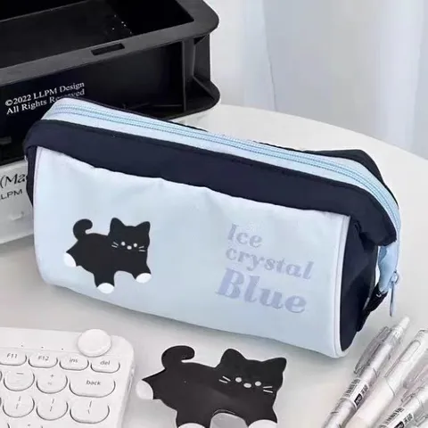 Light Blue Large Capacity Pencil Case Japanese Minimalist Black Cat Print Stationery Bag Makeup Pouch For Students