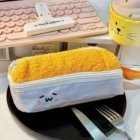 Creative Fried Shrimp Tempura Plush Pencil Case Large Capacity Food Shape Stationery Makeup Bag Storage Box For Students