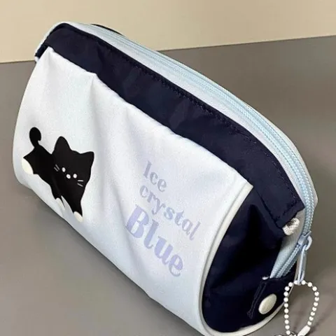 Cute Black Cat Large Capacity Pencil Case Canvas Blue Color Block Stationery Storage Bag For Students Kids