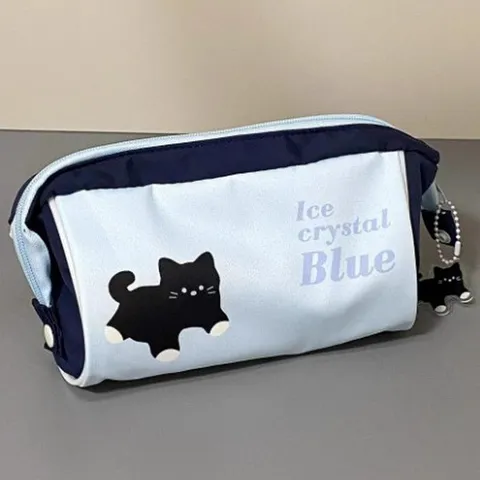 Cute Black Cat Large Capacity Pencil Case Canvas Blue Color Block Stationery Storage Bag For Students Kids