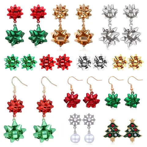 Mode Kerst Strik Oorbellen Metalen Bloem Oorknopjes Feestelijke Rood Groen Goud Zilver Hangende Oorbellen Sieraden Cadeau Vrouwen