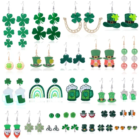 St Patrick's Day Oorbellen Dames Groen Klavertje Shamrock Leprechaun Bierpul Legering Emaille Hangende Oorbellen