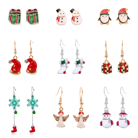Kerst Oorbellen Zinklegering Strass Emaille Sneeuwpop Kerstman Hoed Cadeau Doos Oorbellen Voor Vrouwen Sieraden