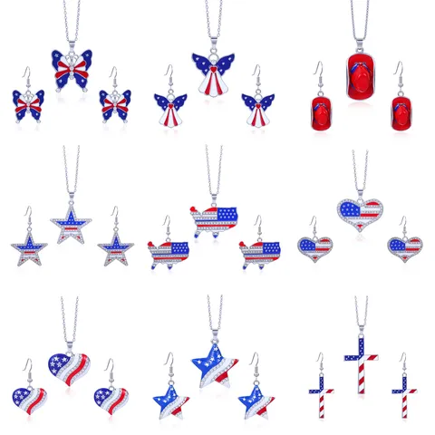 USA Onafhankelijkheidsdag Legering Strass Emaille Ketting Oorbellen Sieraden Ketting En Oorbellen Voor Amerikaanse Vlag Viering Unisex