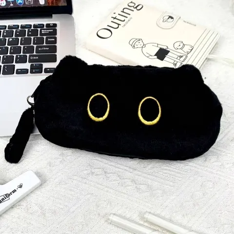 Cute Black Cat Plush Pencil Case Large Capacity Soft Coal Ball Cat Stationery Bag For Students Office Storage Organizer