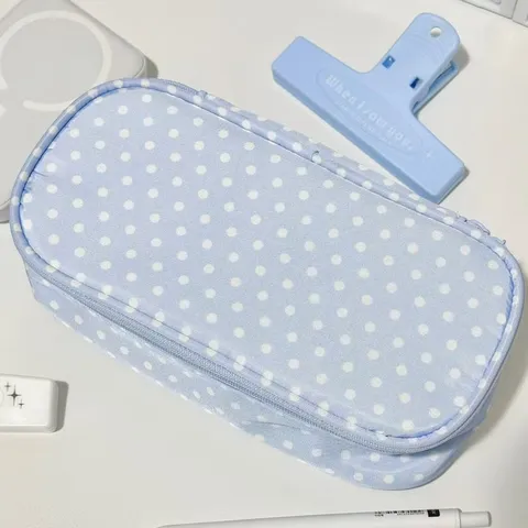 Blue Polka Dot Pencil Case Large Capacity Polyester Stationery Bag For School Students Office Simple Pen Pouch Box Storage Bag