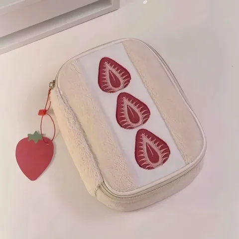 Cute Strawberry Sandwich Pencil Case Plush Transparent Window Large Capacity Storage Pouch Cute Stationery Cosmetic Bag