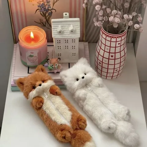 Cute Fox Plush Pencil Case Stuffed Animal Toy Student Stationery Storage Bag Soft Makeup Pouch Gift For Kids