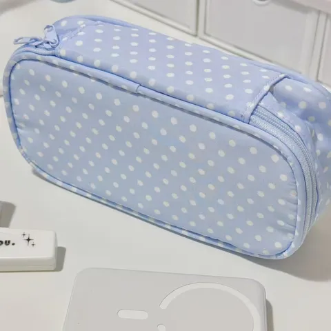 Blue Polka Dot Pencil Case Large Capacity Polyester Stationery Bag For School Students Office Simple Pen Pouch Box Storage Bag