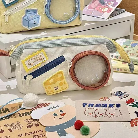 Cute Cartoon Cheese Milk Pizza Pencil Case Large Capacity Transparent Window Canvas Pouch Student Stationery Bag