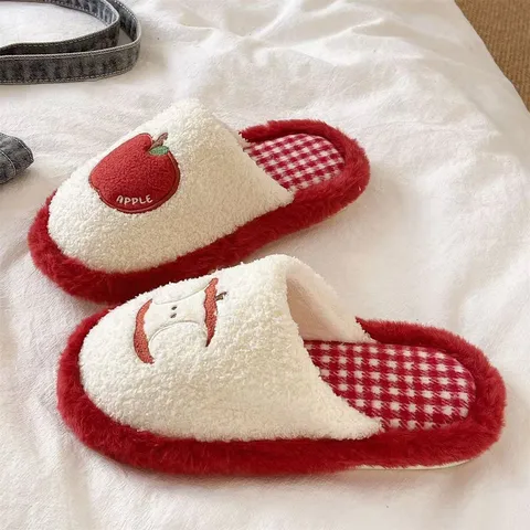 Cute Apple Embroidery Winter Warm Plush Cotton Slippers Women Men Casual Indoor House Shoes Soft Furry Slippers