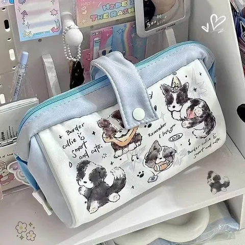 Cute Border Collie Canvas Pencil Case Large Capacity Stationery Storage Bag Student Pen Pouch For School Office