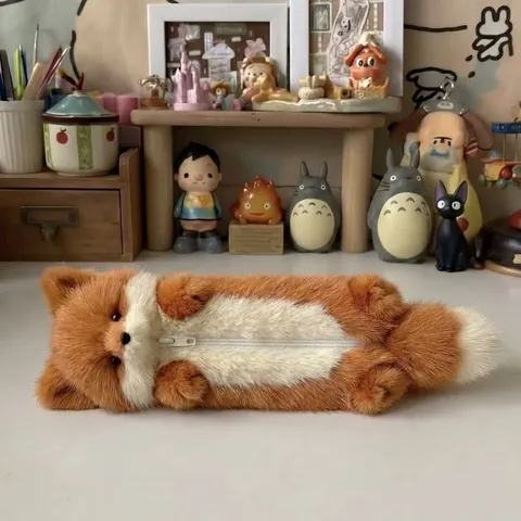 Cute Fox Plush Pencil Case Stuffed Animal Toy Student Stationery Storage Bag Soft Makeup Pouch Gift For Kids