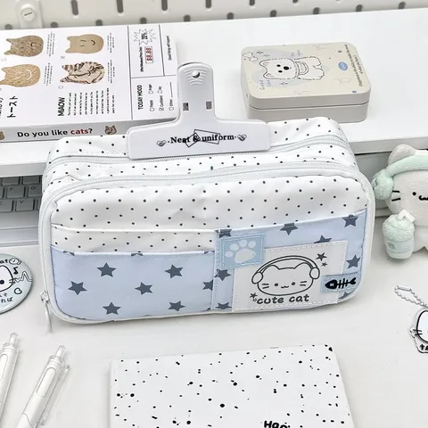 Canvas Pencil Case Large Capacity Double Layer Cute Star Polka Dot Cartoon Cat Student Stationery Storage Bag School Pouch