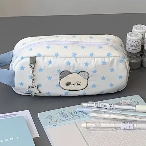 Japanese Cute Blue Star Panda Pencil Case Student Stationery Storage Box Canvas Zipper Pen Pouch School Supplies