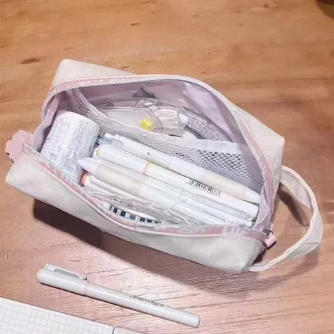 Canvas Pencil Case Cute Cat Embroidery Large Capacity Multi-layer Stationery Storage Bag Portable Makeup Pouch for Students