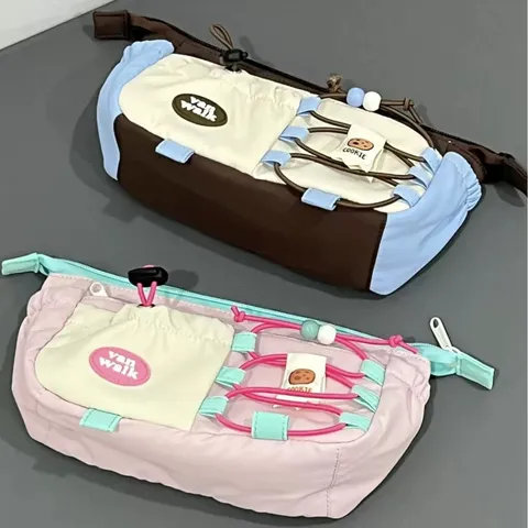 Vintage Color Block Polyester Pencil Case Large Capacity Cute Cookie Pattern Stationery Pouch With Drawstring And Zipper