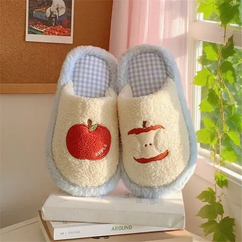 Cute Apple Embroidery Winter Warm Plush Cotton Slippers Women Men Casual Indoor House Shoes Soft Furry Slippers