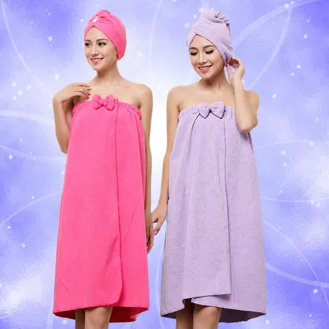 Ensemble Serviette de Bain et Bonnet de Douche Noeud Microfibre Souple Absorbant Jupe de Bain Sans Bretelles pour Femmes