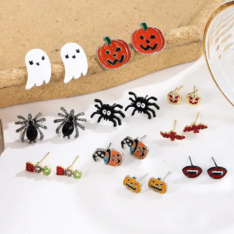 Halloween Grappige Oorknopjes Set Pompoen Geest Spin Schedel Vleermuis Emaille Strass Legering Oorbellen Voor Dames Festival Feest Sieraden