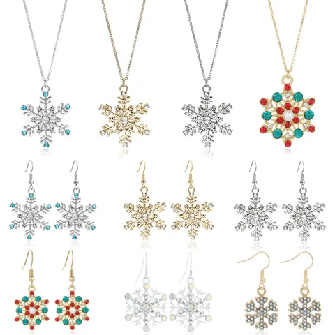 Kerstmis Zinklegering Sneeuwvlok Hanger Ketting Oorbellen Set Strass Kunstparel Winter Sieraden Cadeau voor Vrouwen