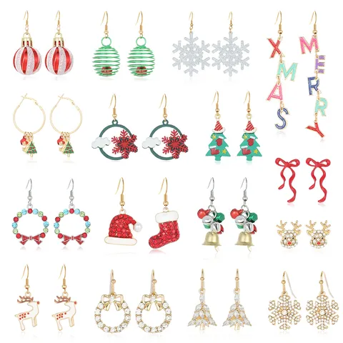 Kerst Oorbellen Set Voor Dames Zinklegering Strass Emaille Rendier Sneeuwvlok Boom Bel MERRY XMAS Oorknopjes Hangers